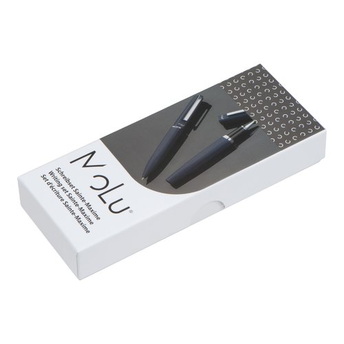 Ensemble d'écriture bleu foncé avec stylo à bille et stylo plume dans un étui.