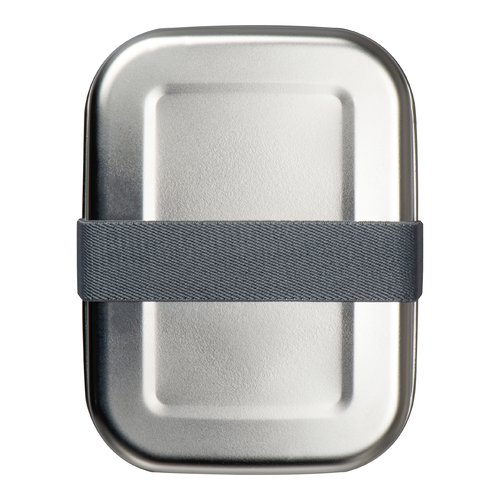 Boîte à lunch en métal gris argenté avec élastique.