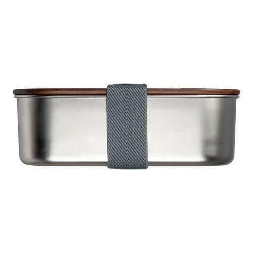 Boîte à lunch en métal gris argenté avec couvercle en bois et élastique.