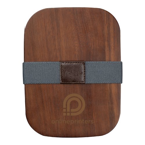 Boîte à déjeuner en bois marron avec bande élastique.