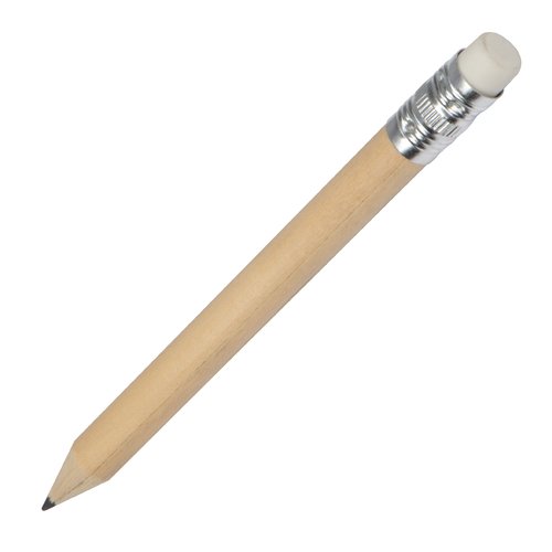 Mini crayon en bois beige avec gomme.