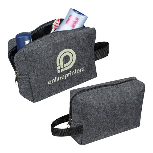 Trousse de toilette anthracite en feutre avec fermeture éclair et poignée.