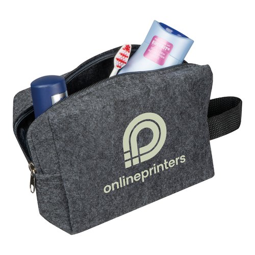 Trousse de toilette en feutre anthracite avec fermeture éclair et dragonne.