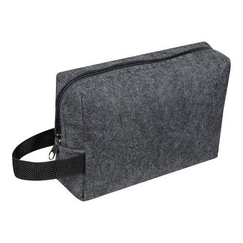 Trousse de toilette anthracite en feutre avec fermeture éclair et poignée.
