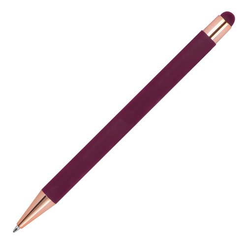 Stylo à bille bordeaux avec stylet tactile et mécanisme à poussoir.