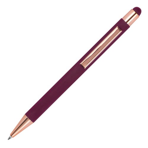 Stylo à bille bordeaux avec stylet tactile et clip.