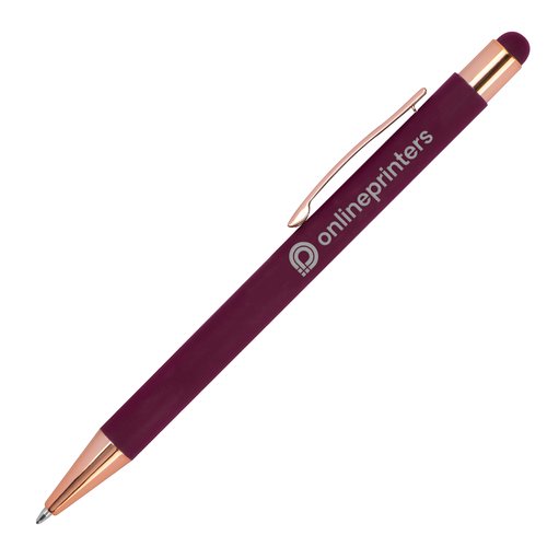 Stylo à bille bordeaux en métal avec stylet tactile et clip.
