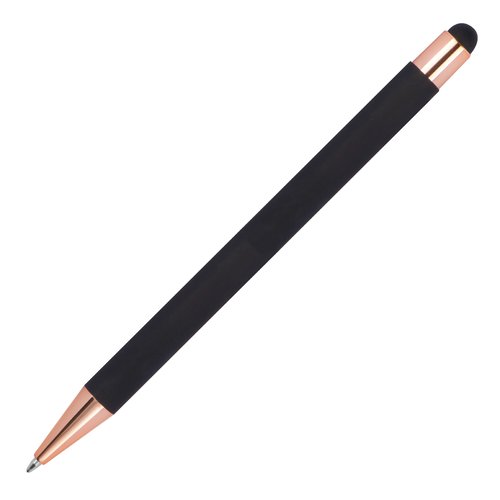 Stylo à bille noir avec stylet tactile et mécanisme à pression.