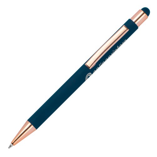 Stylo à bille en métal bleu foncé avec embout tactile.
