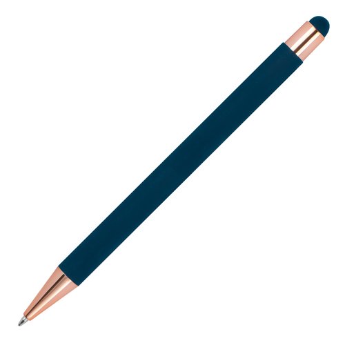 Stylo à bille bleu foncé avec stylet tactile et éléments en métal.
