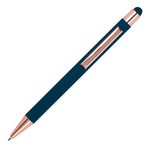 Stylo à bille bleu foncé avec stylet tactile et clip.