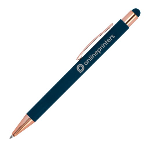 Stylo à bille en métal bleu foncé avec stylet tactile et clip.