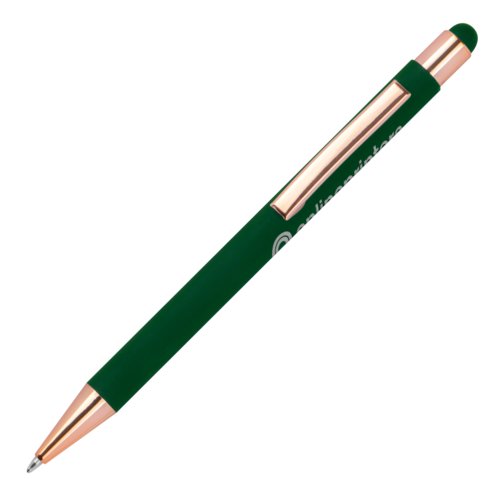 Stylo à bille vert foncé avec stylet tactile et clip.