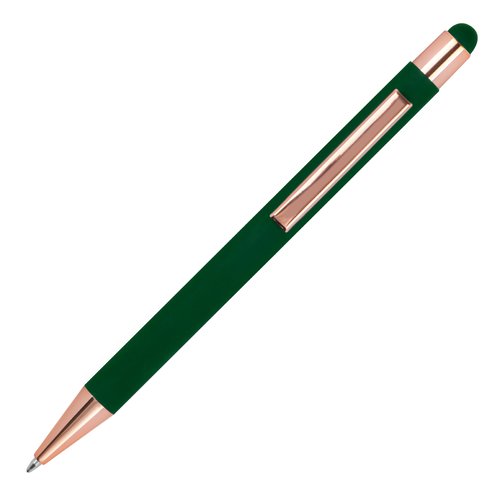 Stylo à bille vert foncé avec stylet tactile et clip.