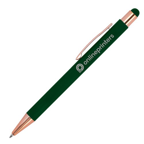 Stylo à bille en métal vert avec stylet tactile et clip.