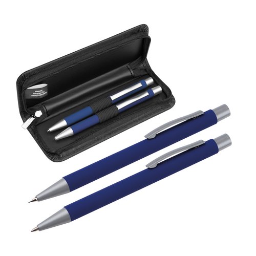 Ensemble d'écriture bleu avec stylo à bille et étui.