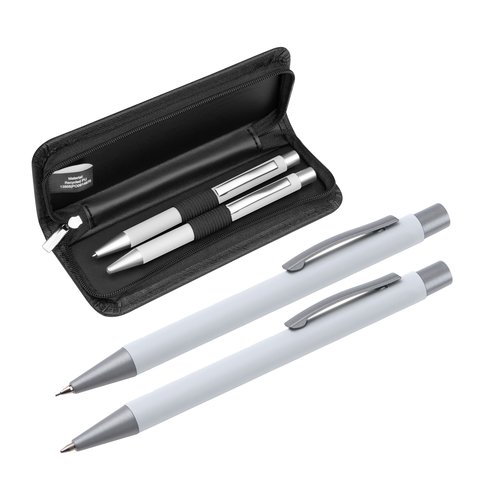 Ensemble d'écriture blanc avec stylo à bille et étui.