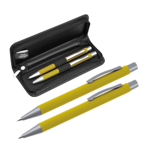Ensemble d'écriture jaune avec stylo à bille et étui.