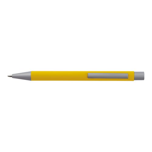 Ensemble d'écriture jaune avec stylo et accessoires.