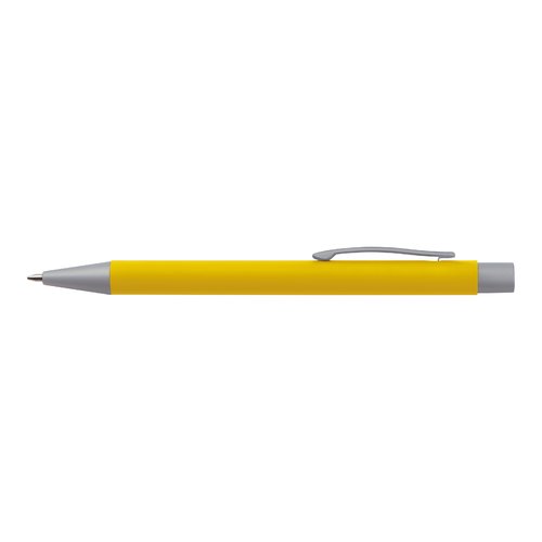 Ensemble d'écriture jaune avec stylo à bille, crayon et règle.
