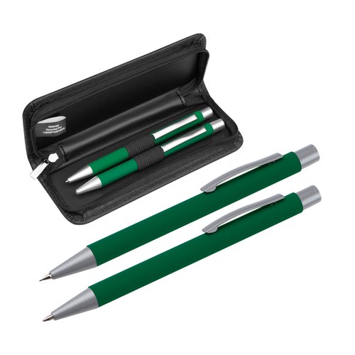 Set d'écriture vert avec stylo à bille et étui.