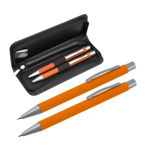 Set d'écriture orange avec stylo à bille et stylo à bille rotatif dans un étui.