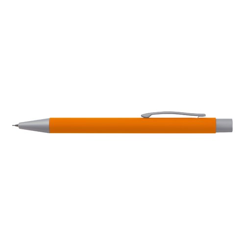 Ensemble d'écriture orange avec stylo et accessoires.