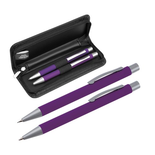 Ensemble d'écriture violet avec stylo à bille et étui.