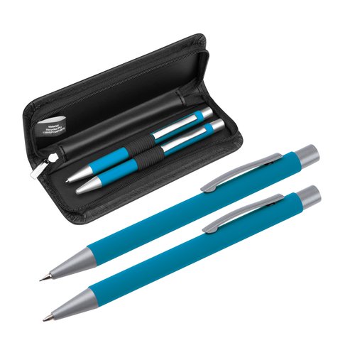 Ensemble d'écriture bleu clair avec deux stylos et un étui.