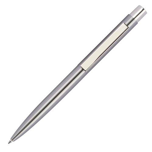 Stylo � bille en acier inoxydable gris argent� avec clip et m�canisme � pression.