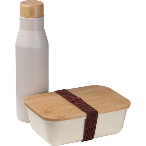Bote  lunch beige avec bouteille en acier inoxydable et couvercle en bambou.