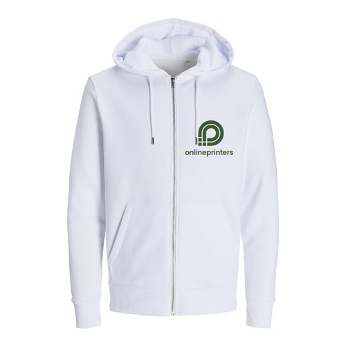 Veste sweat  capuche blanche en coton biologique et polyester recycl avec fermeture clair intgrale.