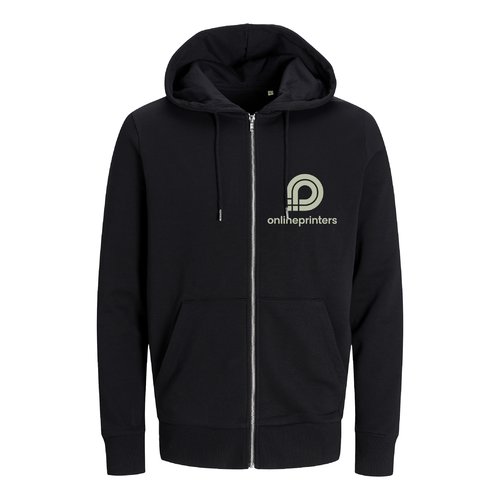 Veste de survtement noire en tissu avec capuche et fermeture clair intgrale, coupe unisexe.