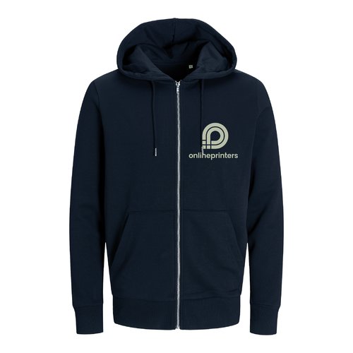 Veste sweat  capuche bleu marine en coton bio et polyester recycl avec fermeture clair intgrale.