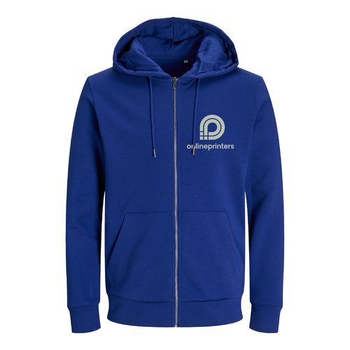 Veste de survtement bleu fonc en mlange de coton avec capuche et fermeture clair intgrale.