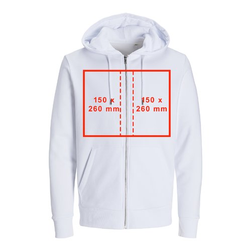 Veste de survtement blanche en tissu avec capuche, fermeture clair et coupe unisexe.