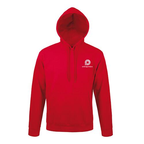 Sweat � capuche rouge en coton-polyester avec poche kangourou, coupe unisexe.