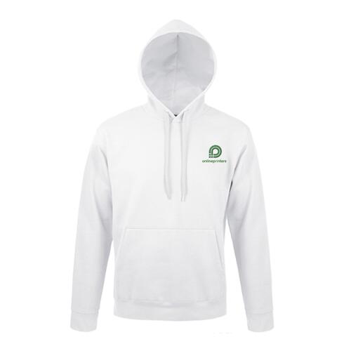 Sweat � capuche blanc en coton-polyester avec capuche et poche kangourou.