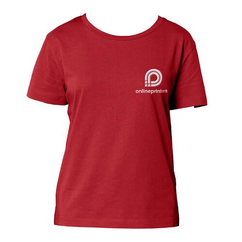 T-shirt rouge pour femme en coton biologique avec manches courtes et encolure ronde.