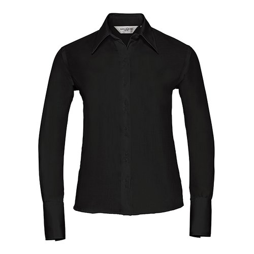 Blouse noire en coton pour femmes avec manches longues et patte de boutonnage.