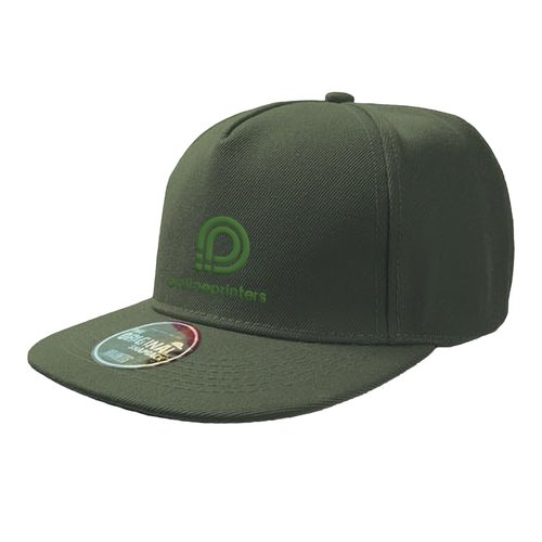 Casquette snapback verte en tissu avec visi�re plate et fermeture r�glable.