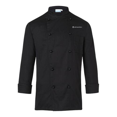Veste de cuisinier noire en tissu avec manches longues et boutons.