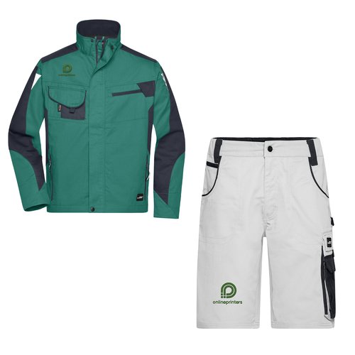 Vtements de travail verts et blancs avec poches.