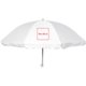 Parasol blanc en tissu avec armature en mtal et bords arrondis.