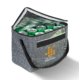 Sac isotherme gris en polyester avec fermeture clair et poignes de transport.
