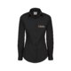 Blouse noire en tissu avec manches longues et patte boutonne.