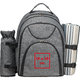 Sac à dos de pique-nique gris avec porte-bouteille et support de couverture.