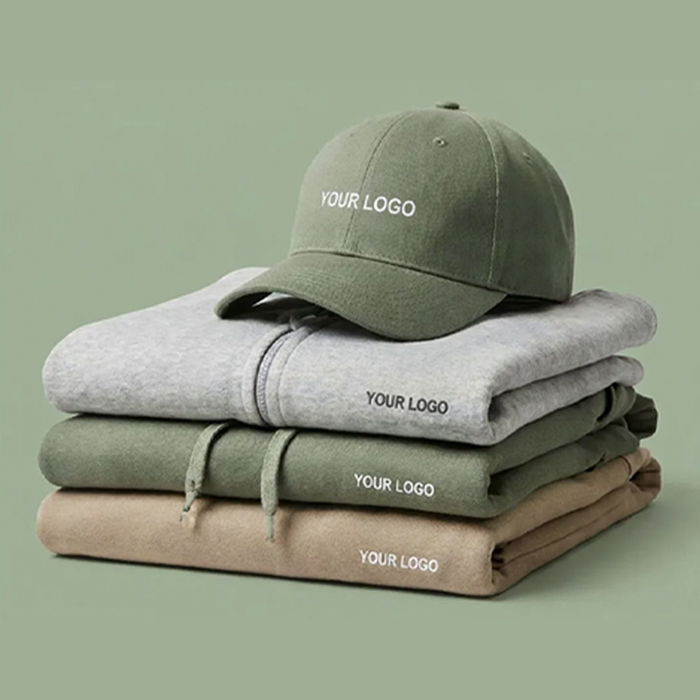 Image Sweats � capuche empil�s avec logo, surmont�s d'une casquette