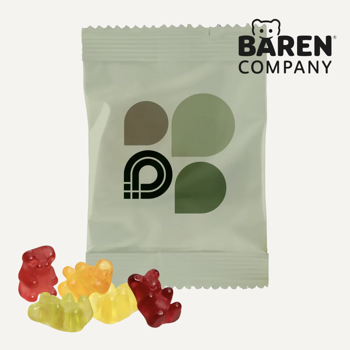 Image Bonbons g�lifi�s en forme d'ourson devant un sachet publicitaire imprim� avec logo