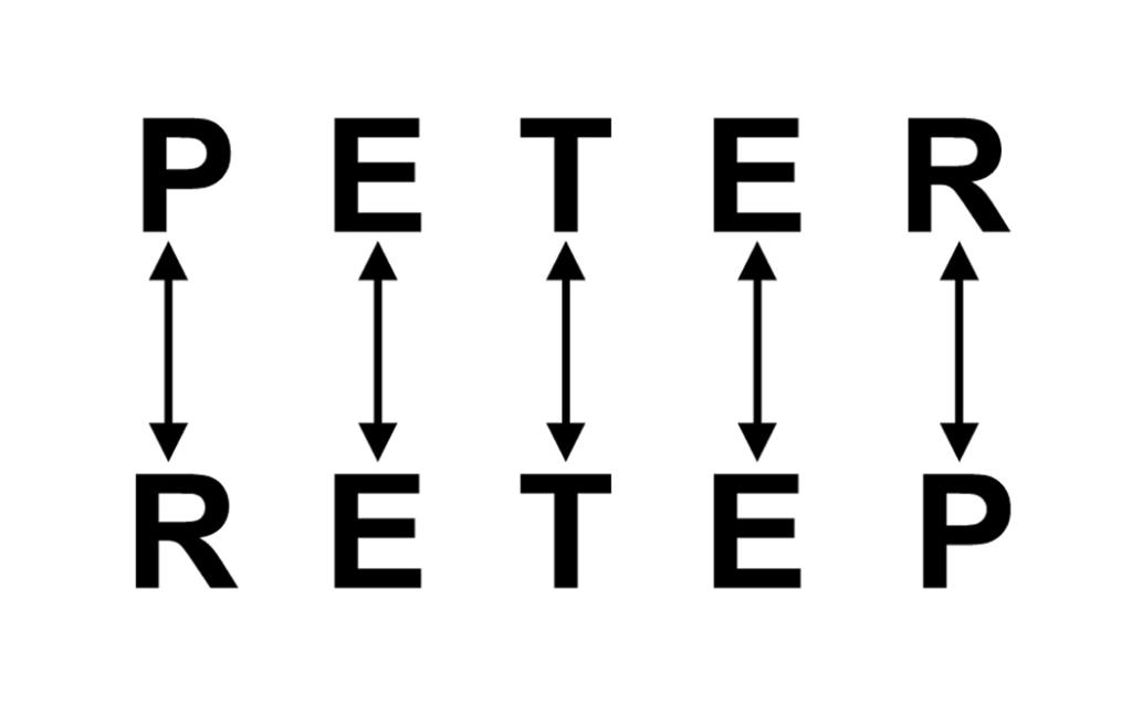 L'image présente les mots PETER en haut et RETEP en bas, reliés par des flèches. L'effet d'ambigramme met en valeur la relation miroir entre les mots.